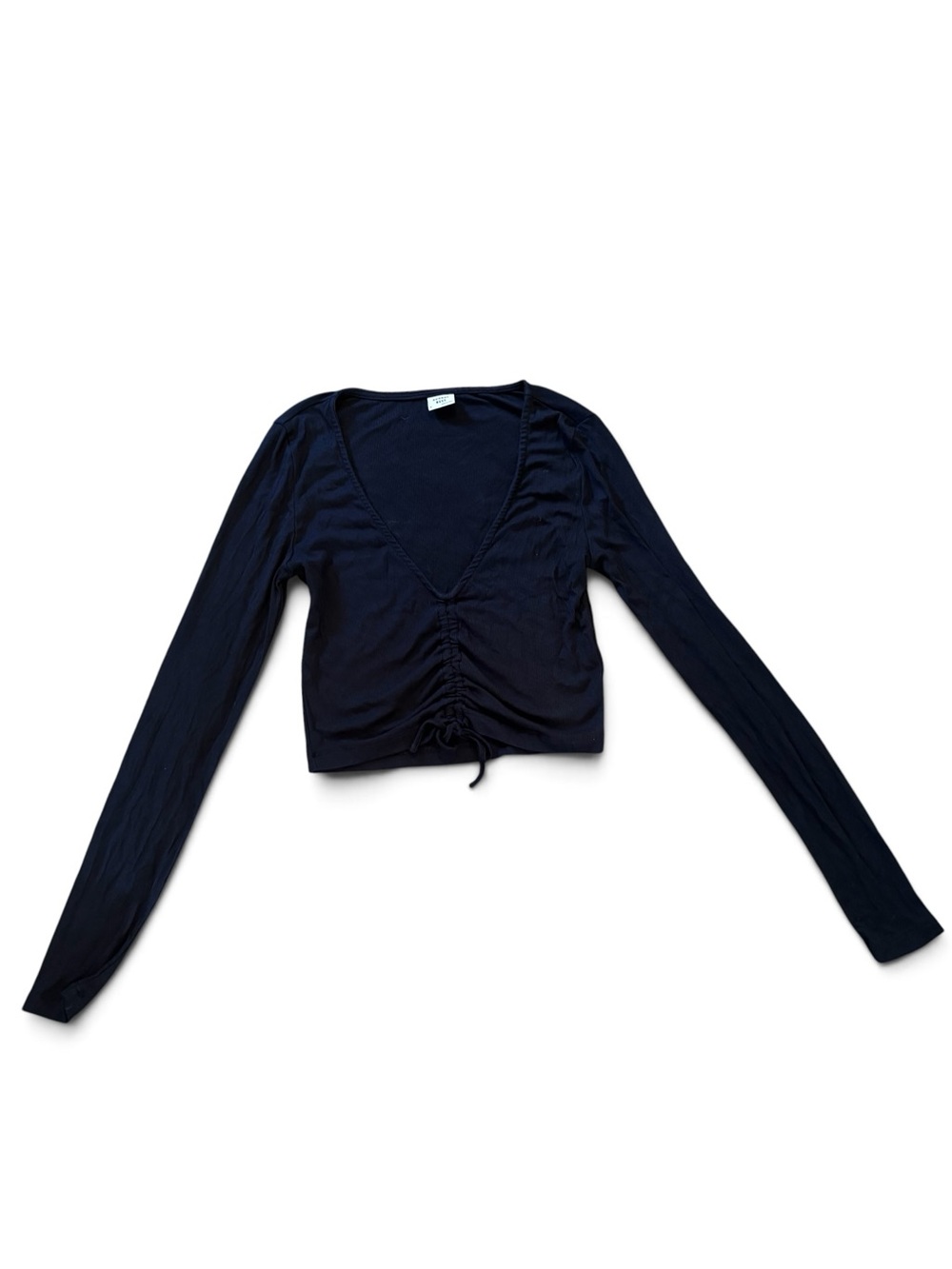Aritzia Sunday Best Black Ruched Deep V Long Sleeve Crop Top Size Small